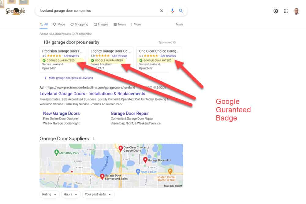 Google Local Services Ad showing the Google Guaranteed badge and star rating