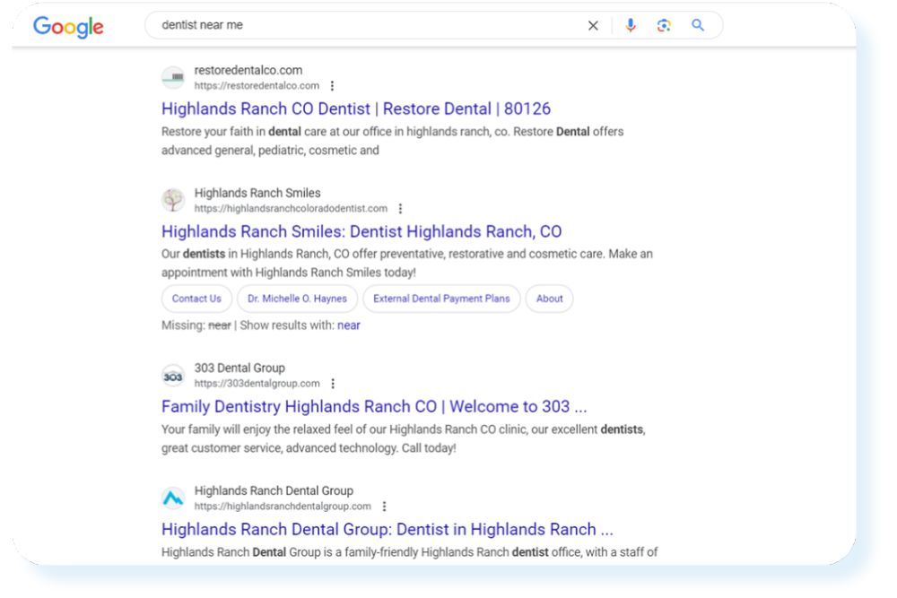 Search engine results showing a dental practice ranking high in organic listings