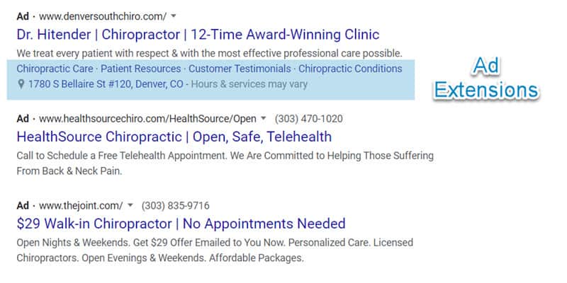 Three Google search ads for Denver chiropractors, the top ad using ad extensions