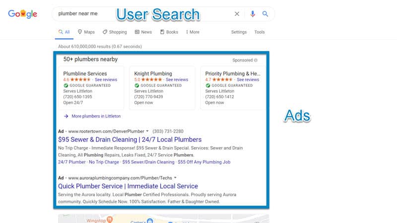 Search for Plumber Near Me — ads dominate the search engine results page