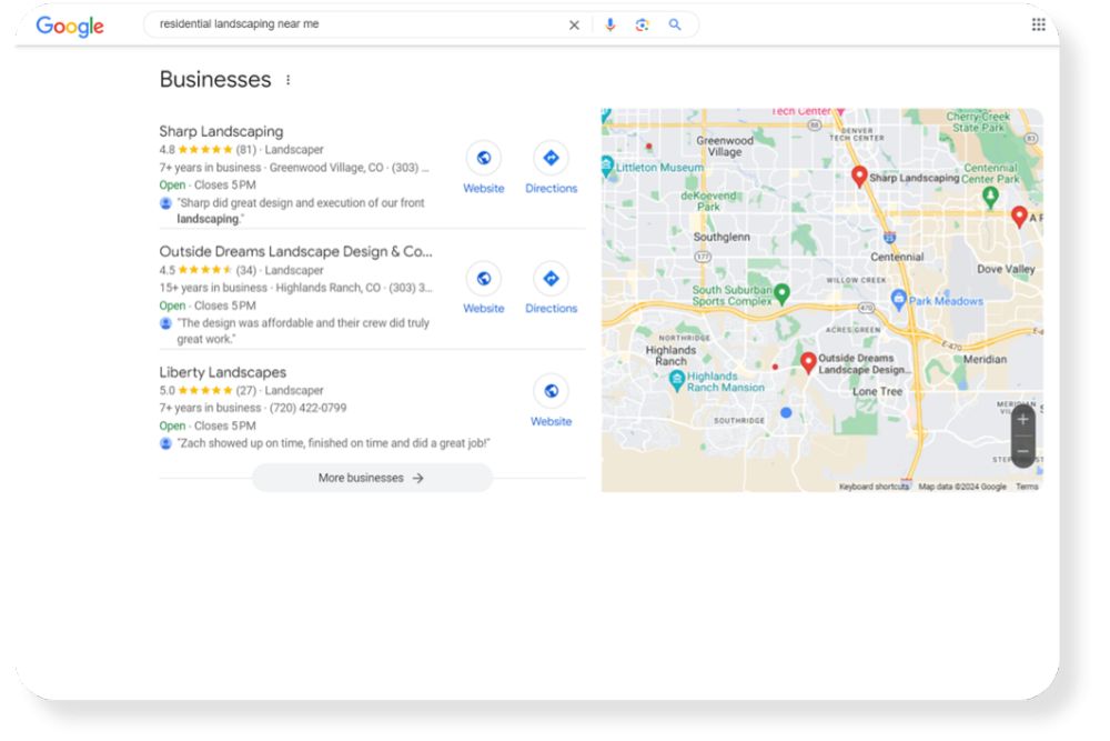 Google map pack results for a nearby landscaping company search