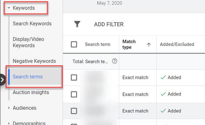 Google Ads Keywords tab highlighting Search terms