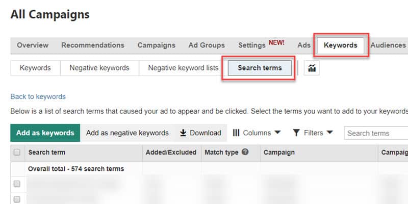 Microsoft Ads Keywords tab with Search terms highlighted