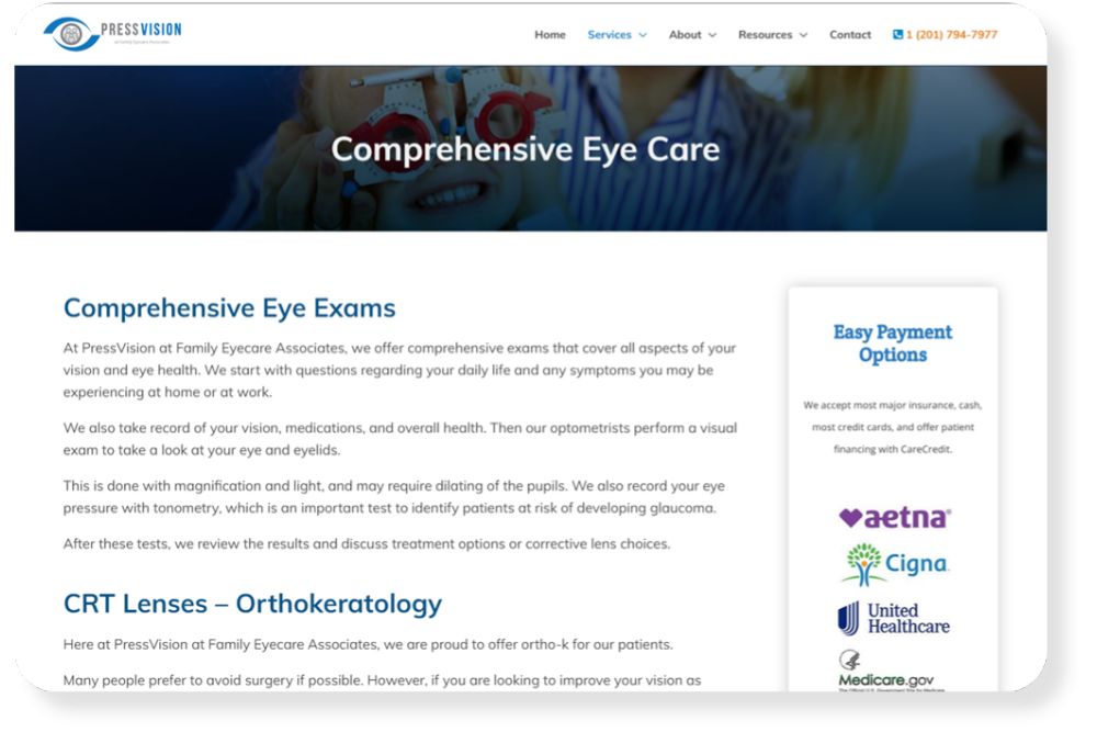 Optometry website layout designed to convert visitors into booked exams